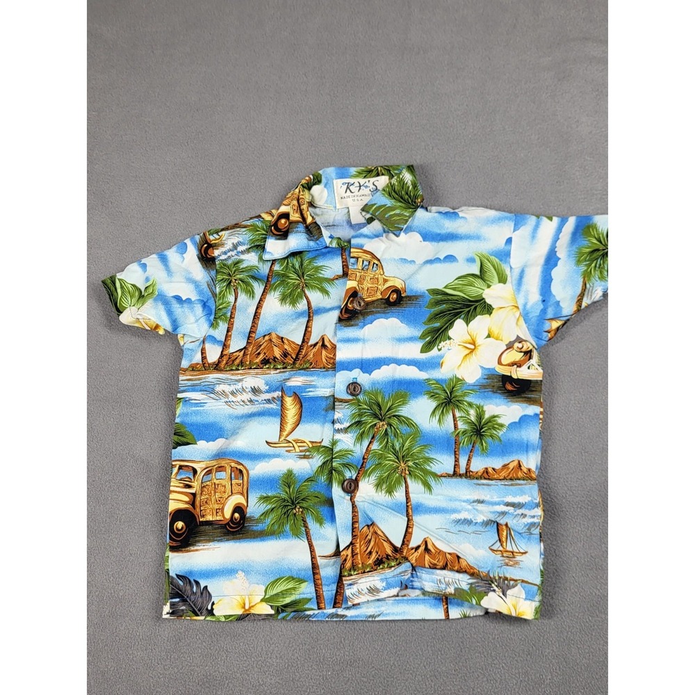VINTAGE KY's Hawaiian Shirt Baby Boy 2T Blue Floral Short Sleeve‎ 100% Cotton
